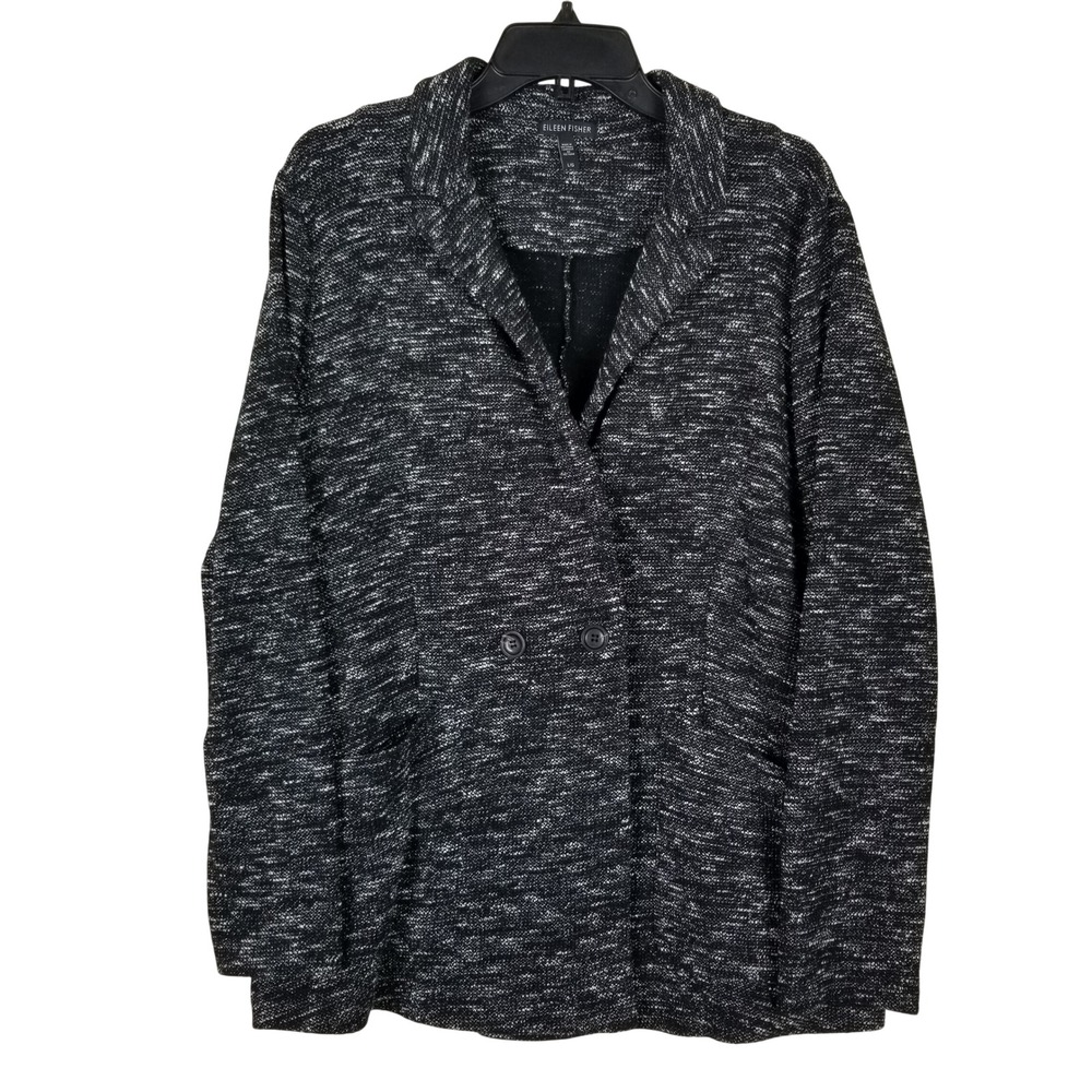 Eileen Fisher Knit Blazer Womens Large Black White Organic Cotton Tweed Jacket